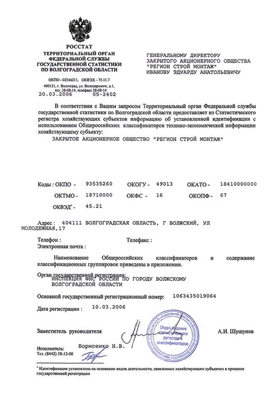 Коды идентификации по общероссийским классификаторам ЗАО "Регион СМ" : лист - 1